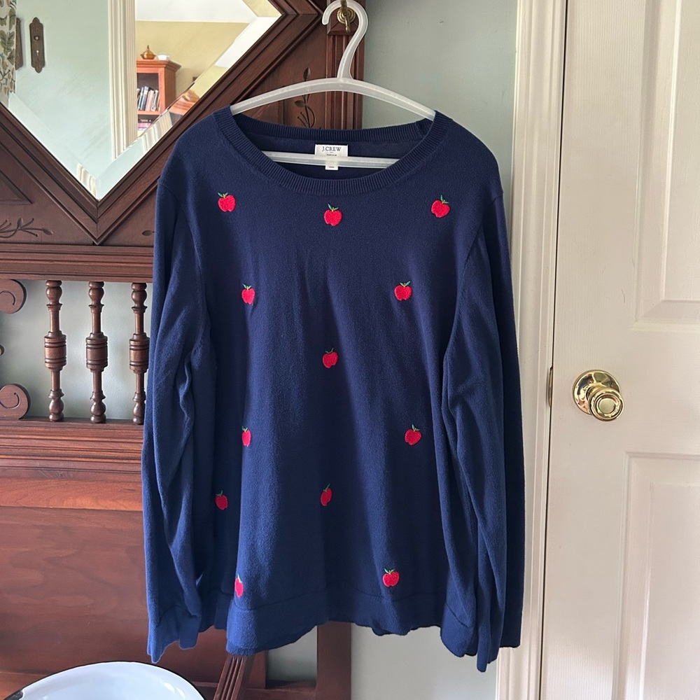 J. Crew Cotton Teddie Sweater Navy Blue with Apples 2x